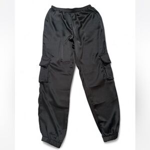 Black satin cargo joggers